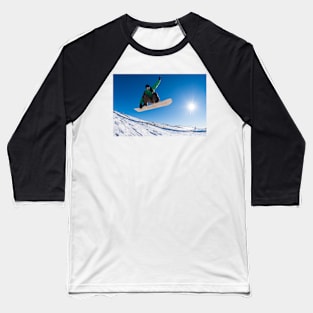 Snowboarder jumping against blue sky Baseball T-Shirt